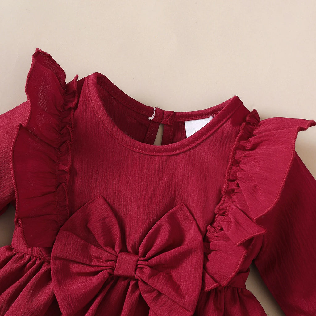 Baby Girl Autumn Dress Ruffled Edges and Bow, Long-Sleeved Dress+Headband for 0-18 Months Cute Baby Girl Holiday Party Costume