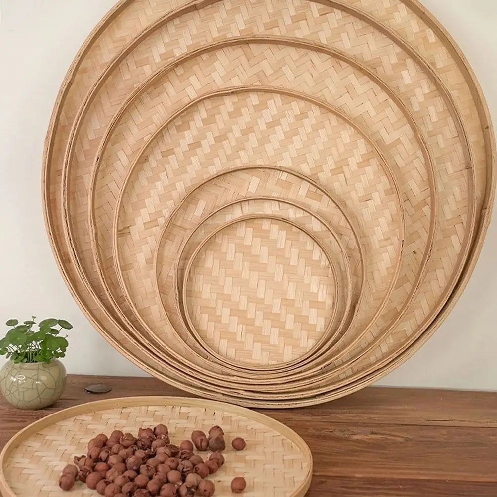 4 Size Hand-woven Bamboo Sieve Hand-painted Bamboo Raft Round Dustpan DIY Decorative Fruit Bread Basket Kitchen Storage Tray