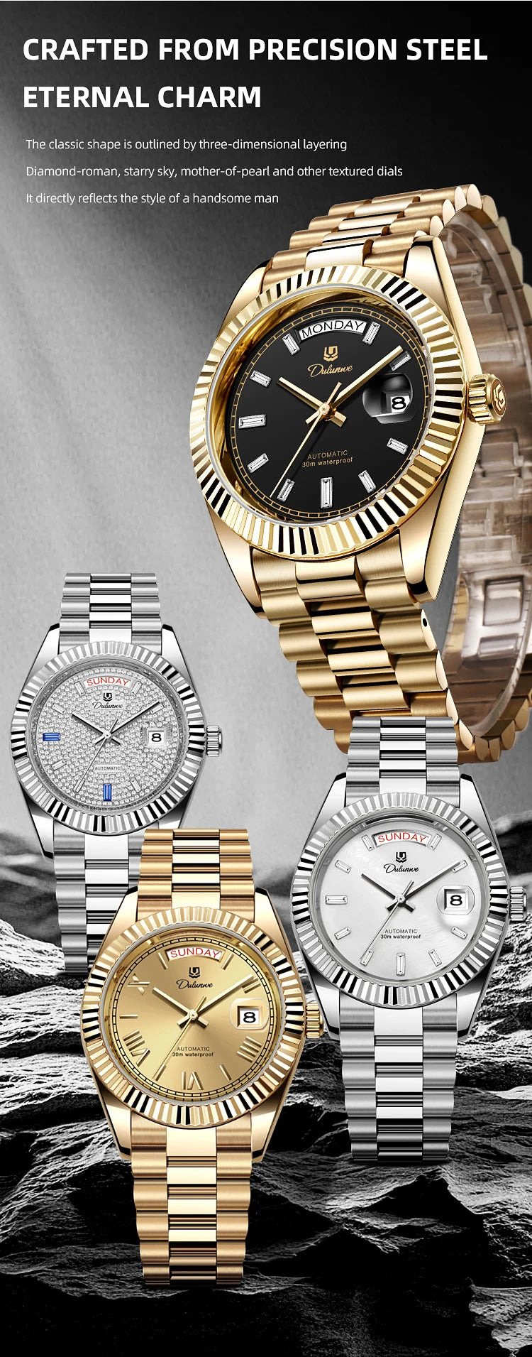 Dulunwe Automatic Watches for Men Day Date Classic 41MM Retro Mechanical Wristwatch 3ATM Waterproof Screw-in Crown Design