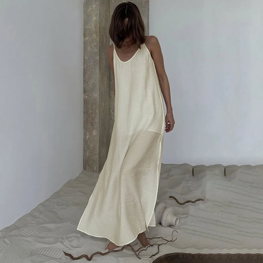 Linad Summer Casual White Long Dress Sexy Loose Backless Split Dresses Woman Street Chic V Neck Straight Dress For Women 2025