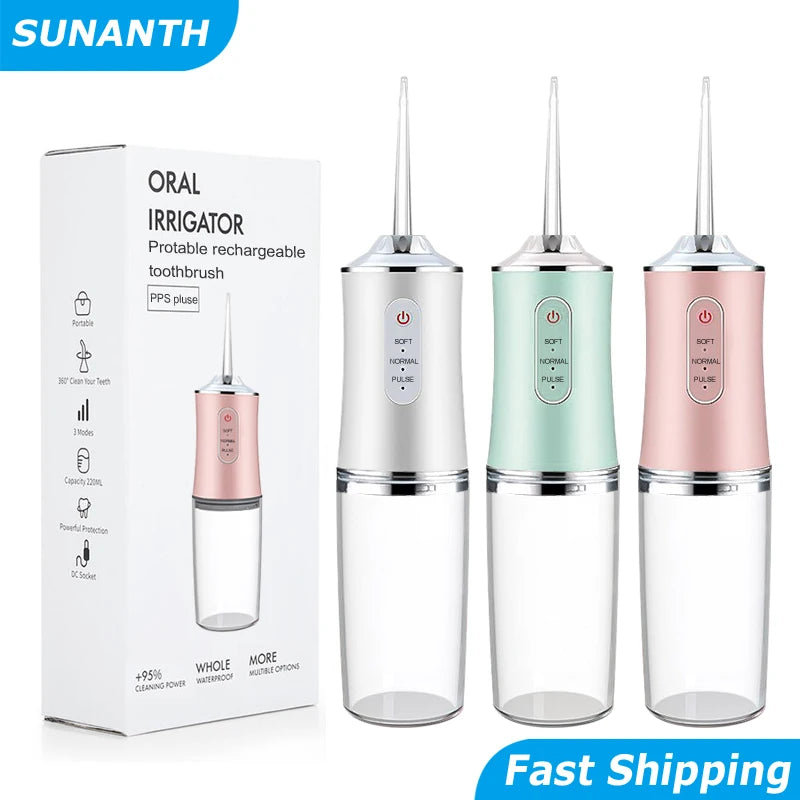 2026 Oral Irrigator Portable Dental Water Flosser USB Rechargeable Water Jet Floss Tooth Pick 4 Jet Tip 220ml 3 Modes