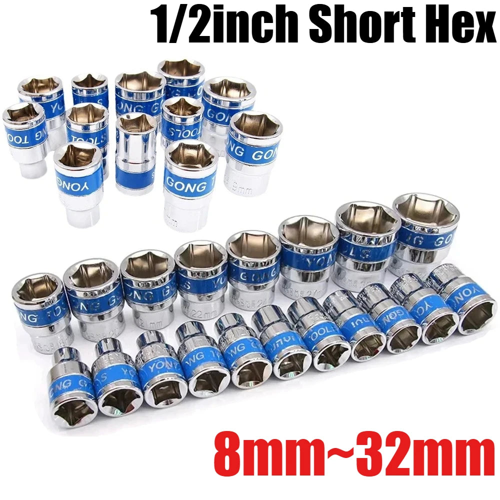 8mm-32mm 1/2" Drive Deep Impact Socket Set Drive Metric Wrench Socket Deep Impact Socket Pneumatic Wrench Head Tire Removal Tool