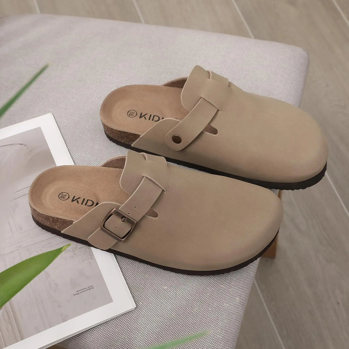 Kidmi Men's Cork Footbed Slide Sandal Slip On Sandals  Women Cork Sandals Nonslip Beach Sandals Female Adjustable Buckle Slides
