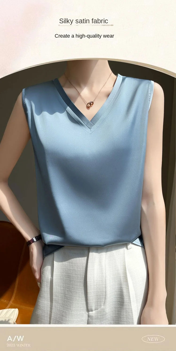 V-Neck Silk Vest Women's Summer Short Sleeved Top Acetate Satin Sleeveless Summer Shirt T-Shirt Loose Suspender Base YTM A39