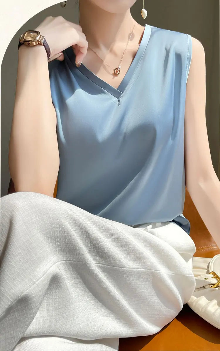 V-Neck Silk Vest Women's Summer Short Sleeved Top Acetate Satin Sleeveless Summer Shirt T-Shirt Loose Suspender Base YTM A39