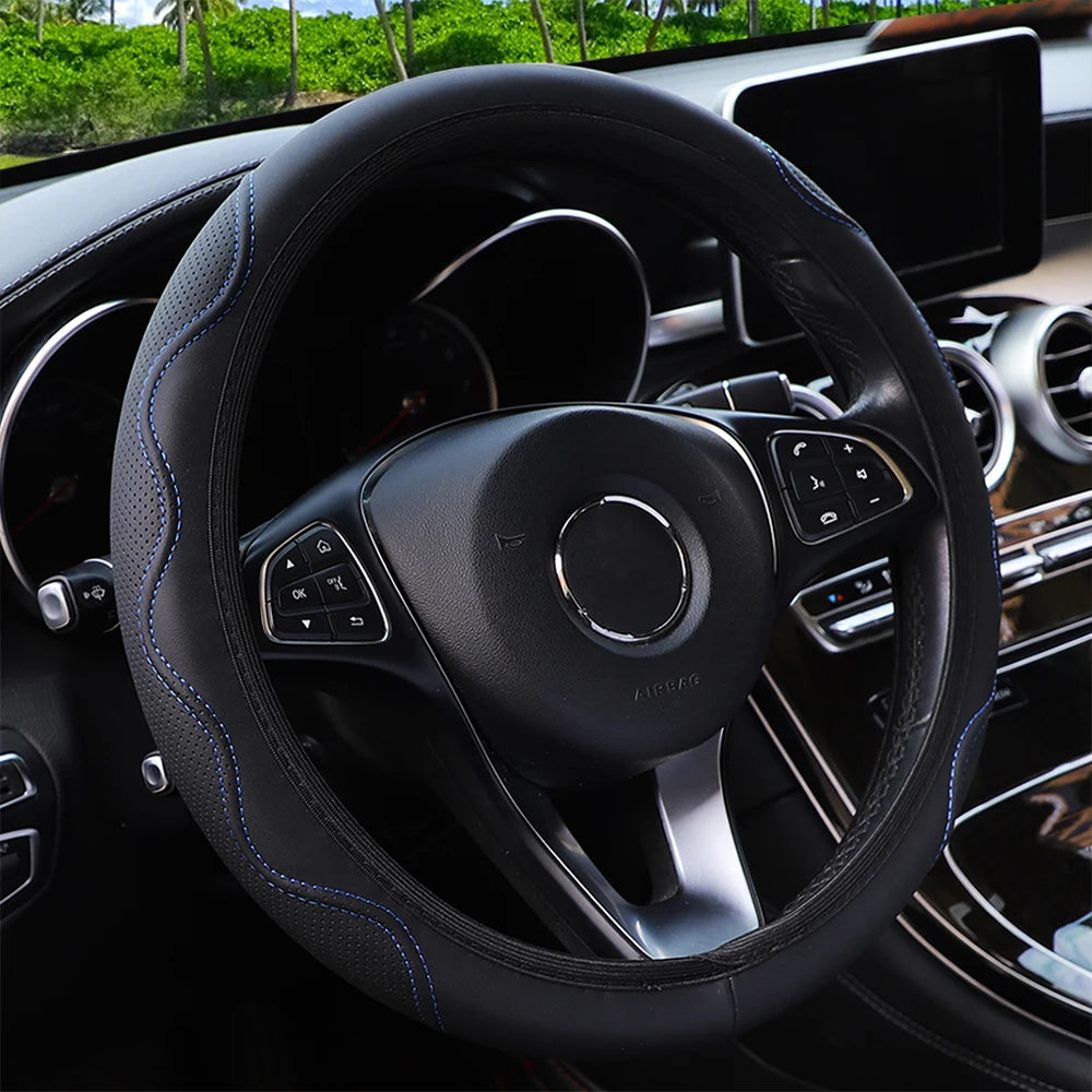 Women's PU Leather Corrugated Steering Wheel Cover 37-38cm Rimless Comfortable Car Accessory for All Seasons