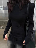 Women's High Neck Long Sleeve Top 2026 Spring New Korean Minimalist No Cuff Sleeve Design Structured Shoulder Slim Fit Knitwear