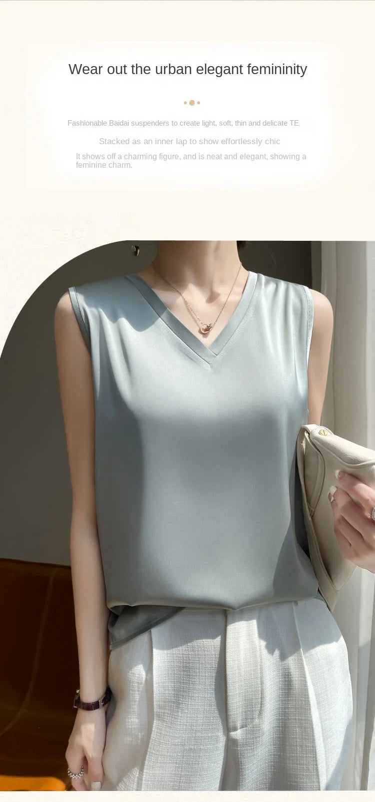 V-Neck Silk Vest Women's Summer Short Sleeved Top Acetate Satin Sleeveless Summer Shirt T-Shirt Loose Suspender Base YTM A39