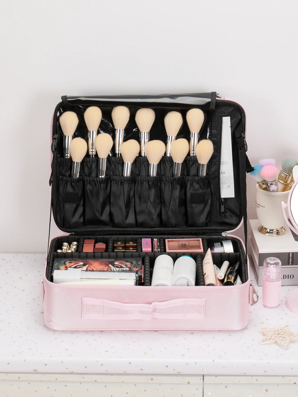 Travel Makeup Bag Makeup Train Cases Professional Lipstick Organizer with Shoulder Strap Adjustable Dividers for Cosmetics Makeu
