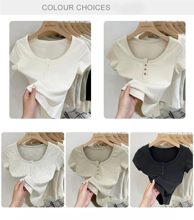Women T Shirt Button T-Shirt Woman Clothes Tops Cotton Slim Tshirt Female Short Sleeve Top Summer Tee Sexy Canale Y2k