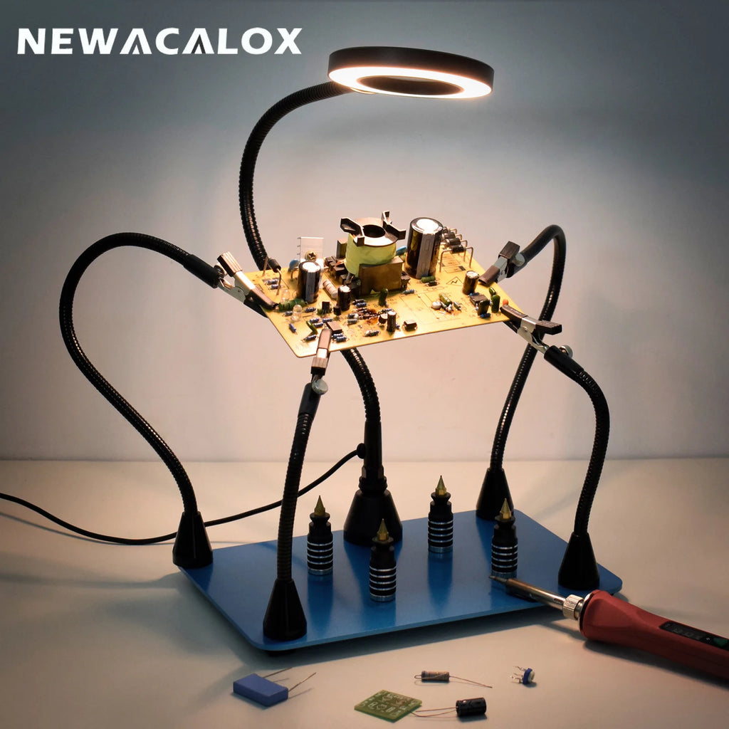 NEWACALOX PCB Fixture Clips Soldering Holder Third Hand Tool Magnetic Flexible Helping Hands with 3X LED Illuminated Magnifier