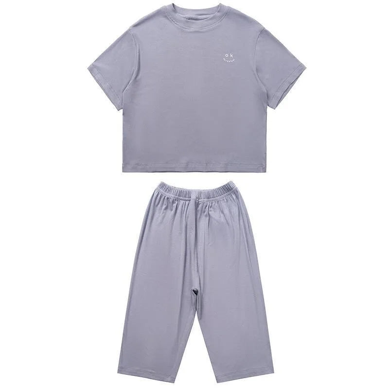 Summer Minimalist Boy Home Clothes Solid Color Loose and Comfortable Lightweight Sleepwear Casual Two-piece Set for Adults