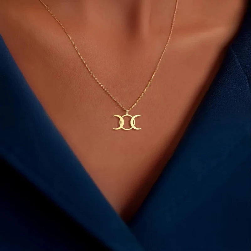 14k Gold Plated Triple Moon Goddess Necklace Stainless Steel Wiccan Moon Phases Pendant Symbol of Feminine Power Jewelry