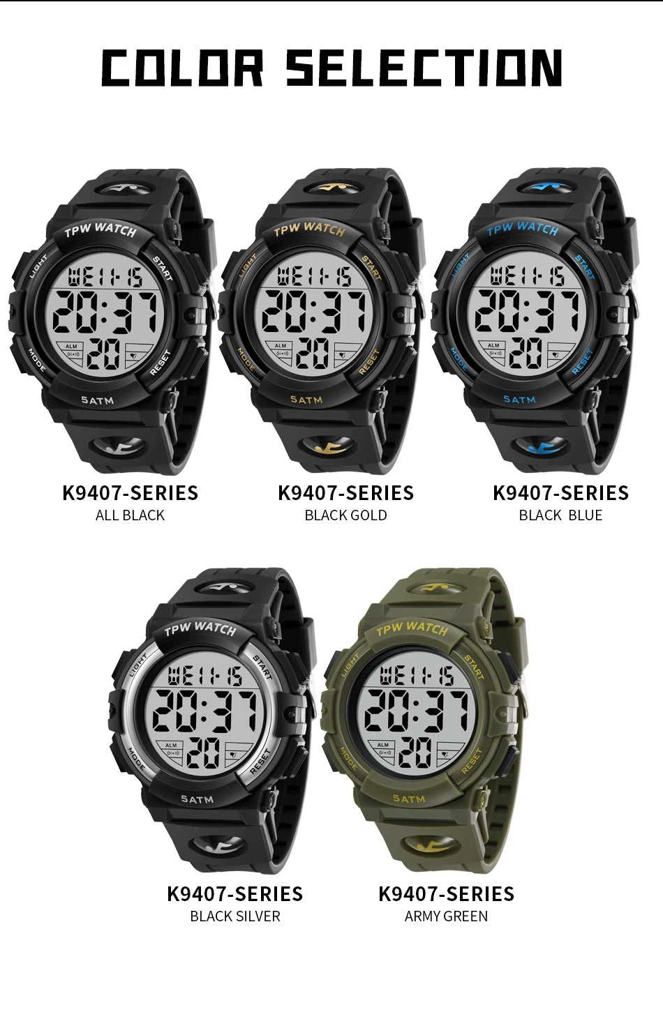 TPW Digital Watch with Big Numbers 5ATM Water Resistant Day Date Alarm Function Adventure Watch