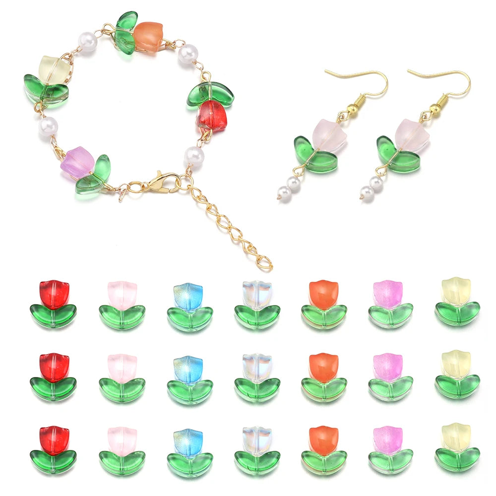 50pcs Tulip Flower Lampwork Gradient Color Glass Beads Charm for Earring Bracelet Necklace DIY Jewelry Craft Making Accessories