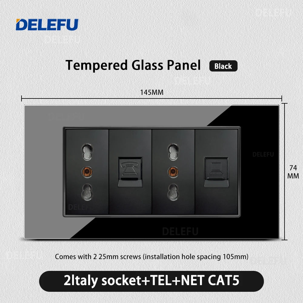 DELEFU Glass SC70 Panel 145mm Black Italian Standard USB C-type Fast Charging Wall Socket Switch TV Telephone CAT5 CAT6