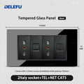 DELEFU Glass SC70 Panel 145mm Black Italian Standard USB C-type Fast Charging Wall Socket Switch TV Telephone CAT5 CAT6