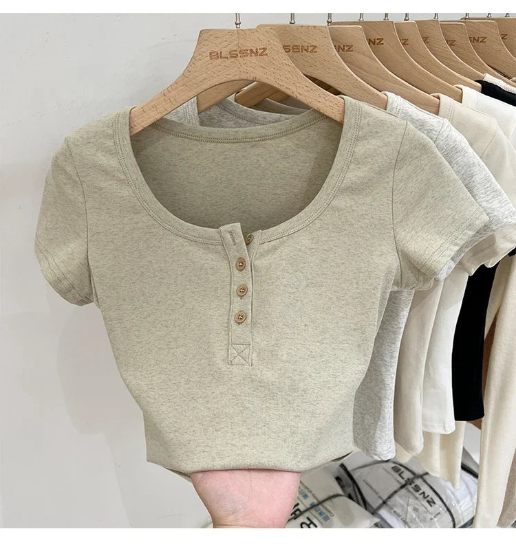 Women T Shirt Button T-Shirt Woman Clothes Tops Cotton Slim Tshirt Female Short Sleeve Top Summer Tee Sexy Canale Y2k