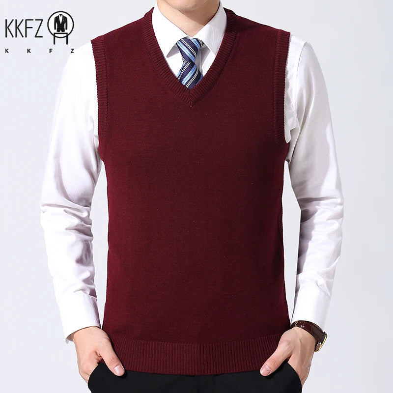 2026 Autumn Winter New Men's Solid Color V-neck Knitted Vest Casual Fashion Warm Sweater Versatile Top