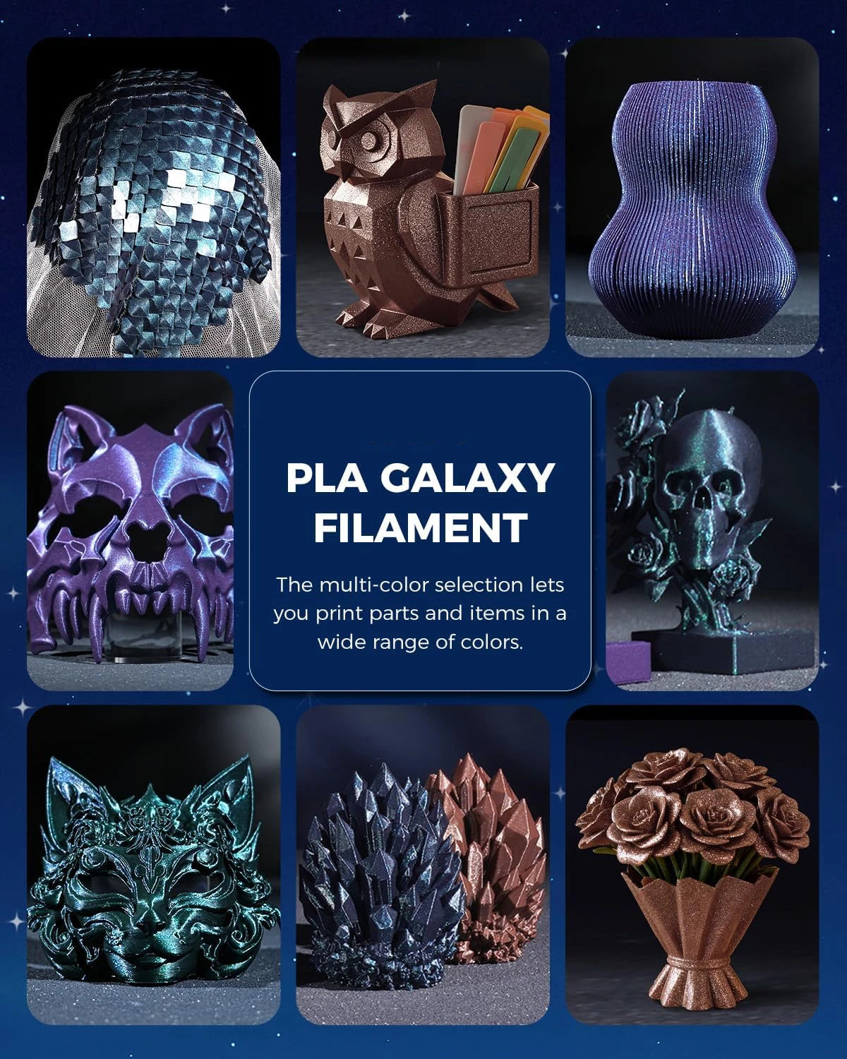 PLA 3D Printer Filament 1.75mm 250g | Shimmering glitter finish, color-shifting effect, ±0.02 mm accuracy, tangle-free, vacuum