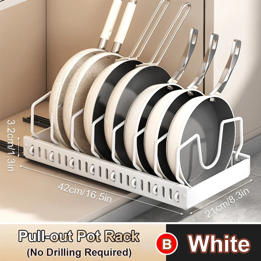 Pull‑out Sliding Kitchen Storage Rack Multifunctional Drawer Organizer for Pan Lids Spices Bowls Plates Cookware Storage