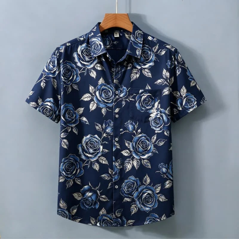 Men's Light Luxury Floral Print Short Sleeved Shirt With pockets,  Personalized Top For Holiday Beach Vacations