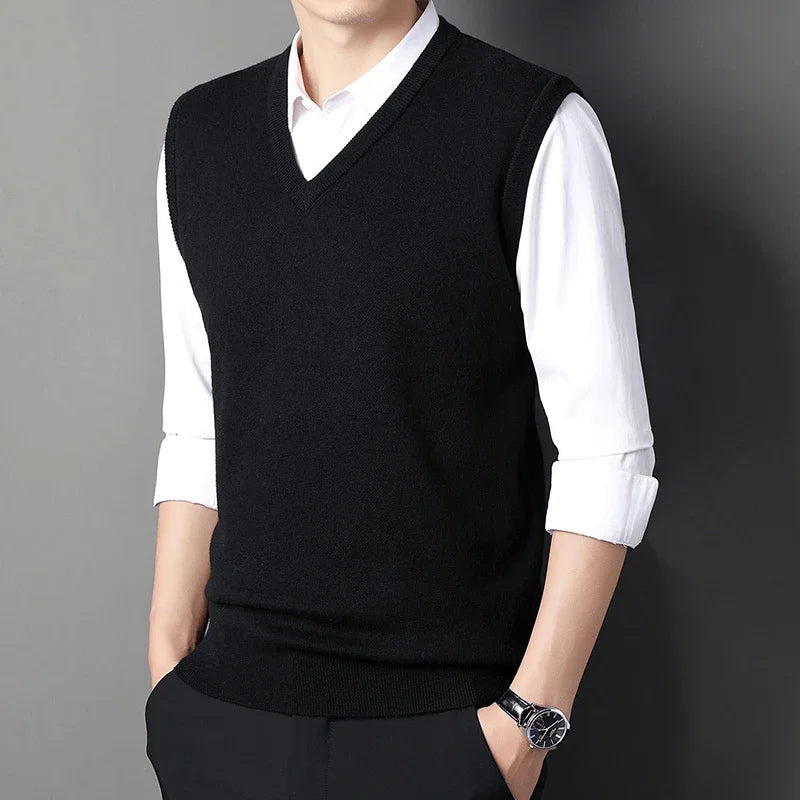 2026 Autumn Winter New Men's Solid Color V-neck Knitted Vest Casual Fashion Warm Sweater Versatile Top