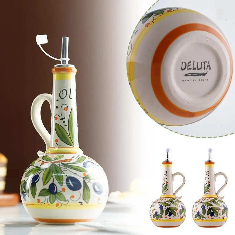 Hand-Painted Ceramic Oil Bottle Kitchen Storage Nordic Vinegar Oil Dispenser Cooking Utensil for Home Use Kitchen Seasoning Jar