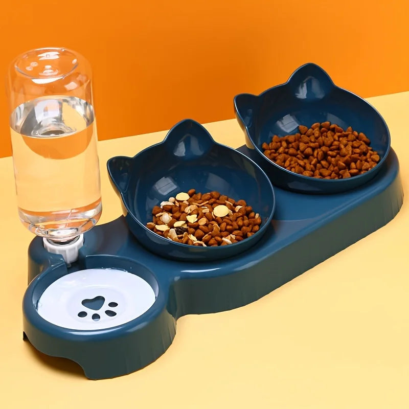 Three In One Cat Feeding Station, Durable Plastic Food And Water Bowls, Cute Cat Ear Design, Suitable For Two Cats To Eat