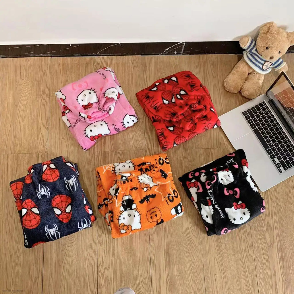 Sanrio Hello Kitty Soft Flannel Wide Leg Pajama Pants Printed Casual Home Loungewear For Women Daily Sleeping Relaxing Wear