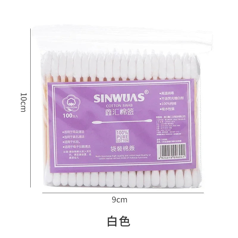 100Pcs Color Mix Double Head Bamboo Cotton Buds Adults Makeup Cotton Swab Eco Friendly Wood Sticks Nose Ears Cleaning Tools