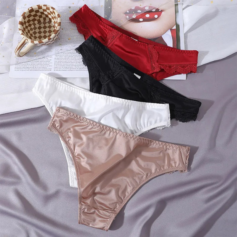 New Women's Silky Satin Low Waisted Underwear Sexy Lace Triangle Pants With Silk Texture Breathable Comfortable Shorts Underwear