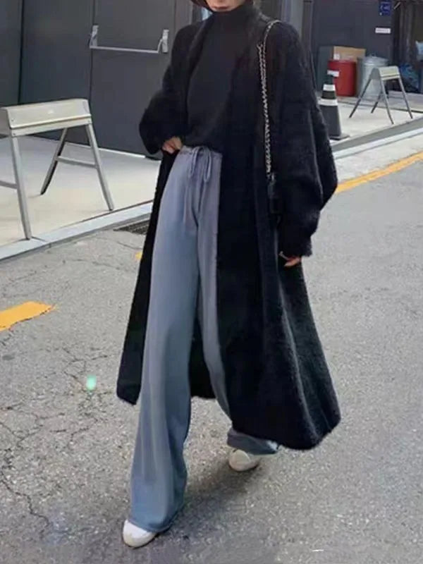 Autumn and winter loose and lazy style open knit coat, thick knee length imitation mink fur long sleeved sweater, warm jacket
