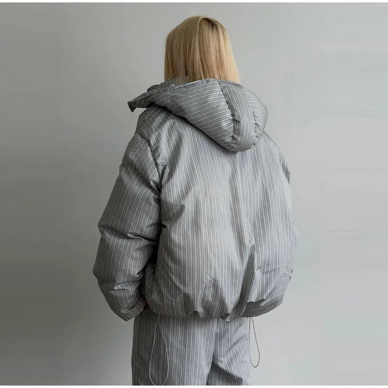 Chic Striped Hooded Puffer Coat Set Women Quilted Full Sleeve Zip Jacket Wide Leg Pants 2026 New Lady Autumn Winter Warm Outfit
