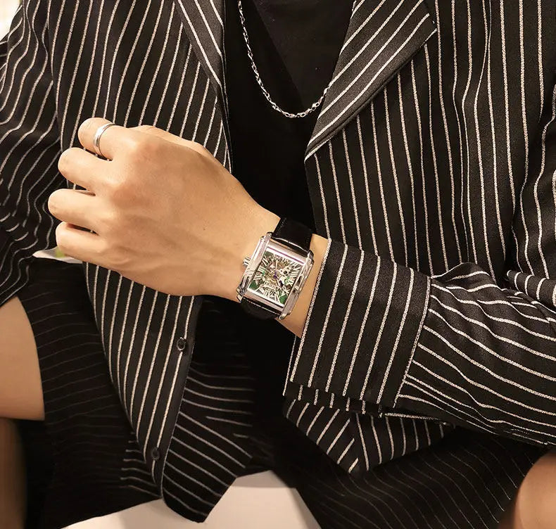 Square Skeleton Mechanical Watches for Man Luxury Business Casual Man Automatic Watch Leather Strap Gift Hand Clock for Men