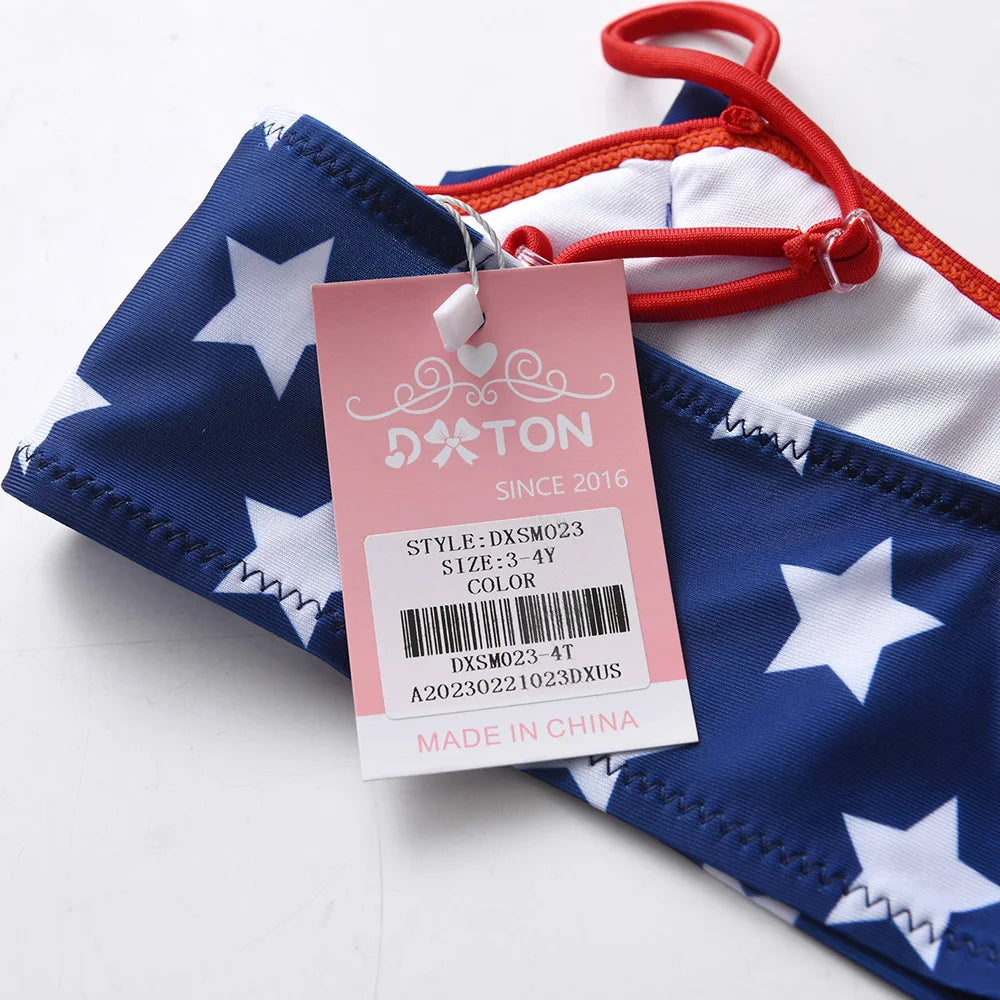 DXTON Girls 2 pcs Swimwear Suit Kids Flag Print Stars Stripe Swimsuit Children Bikini Sets for Summer Beachwear Bathing suit