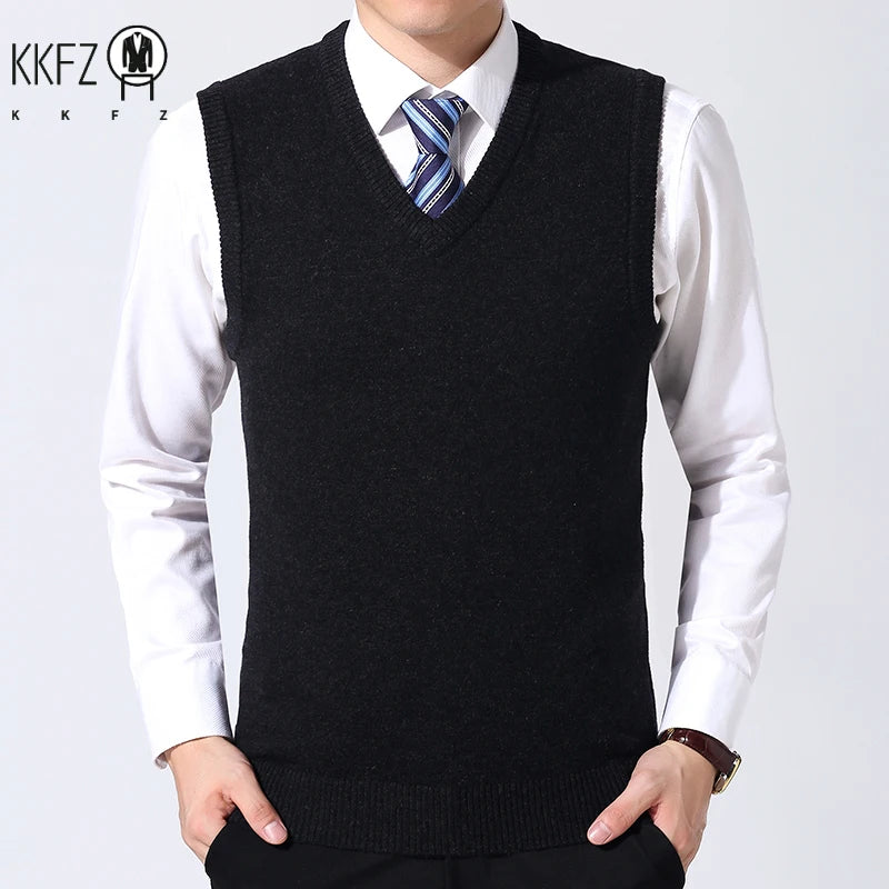 2026 Autumn Winter New Men's Solid Color V-neck Knitted Vest Casual Fashion Warm Sweater Versatile Top
