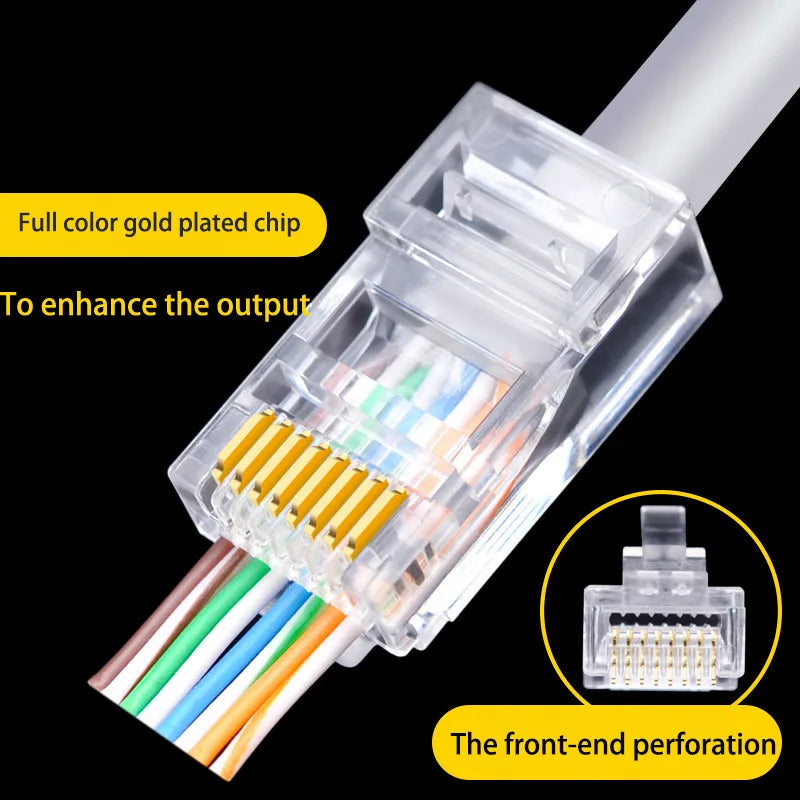 100pcs/lot RJ45 CAT6 CAT5e Pass Through Connectors Crystal End Gold-Plated 8P8C Crimp UTP Standard Ethernet Network Modular Plug