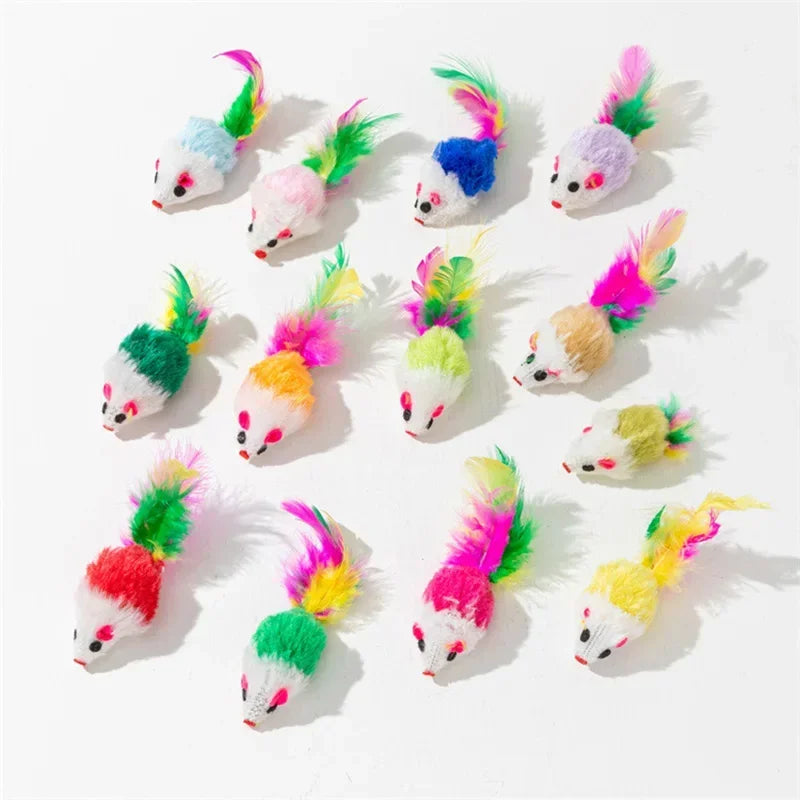 5Pcs 10Pcs Plush Pet Cat Toys Play Rabbit Fur False Mouse Feather Rainbow Mouse Toy  Funny Playing Toys for Kitten Indoor New