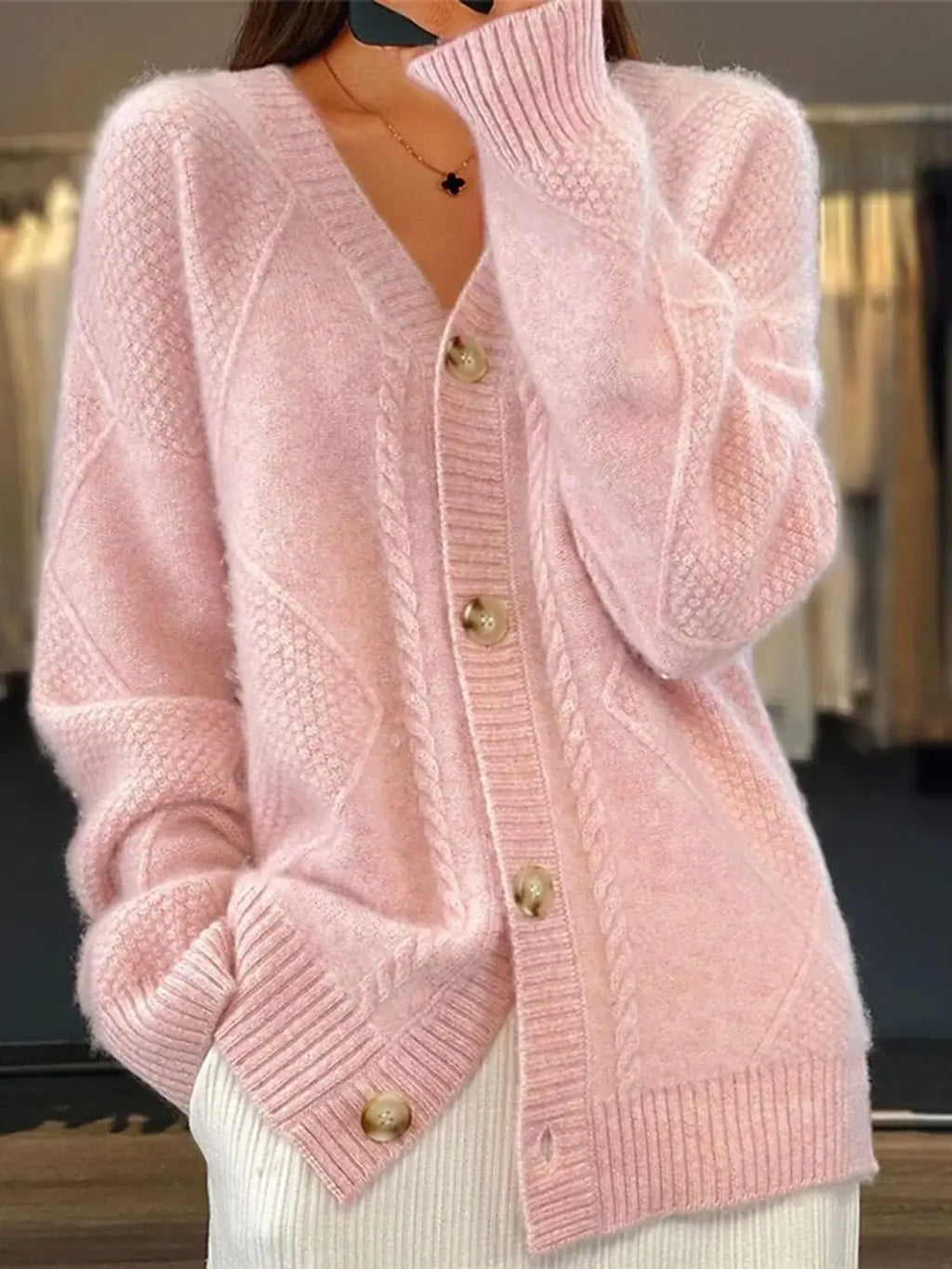 Women V Neck Cable Knit Cardigan Fuzzy Soft Long Sleeve Button Down Loose Casual Fall Winter Pocket Sweater Coat