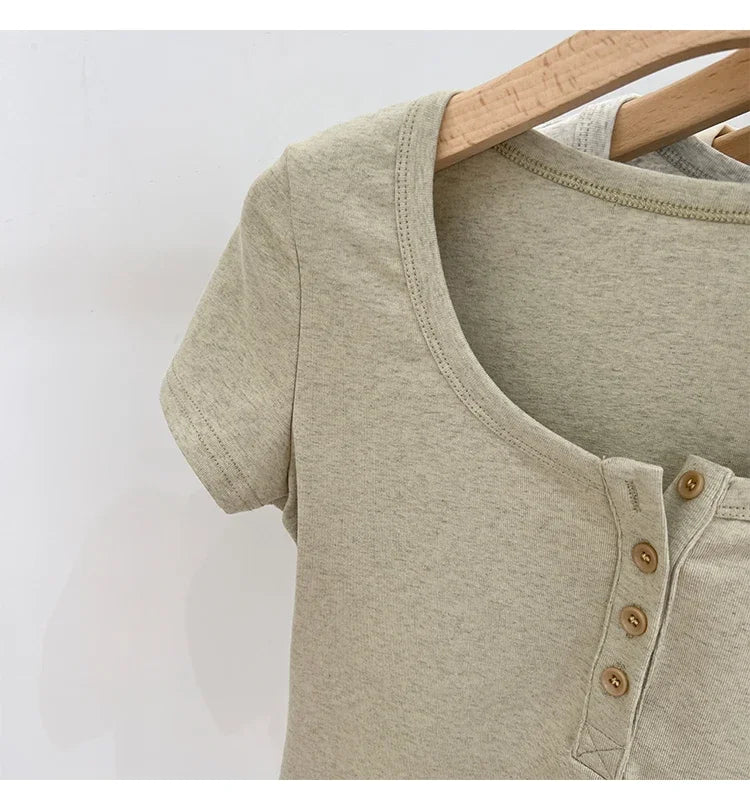 Women T Shirt Button T-Shirt Woman Clothes Tops Cotton Slim Tshirt Female Short Sleeve Top Summer Tee Sexy Canale Y2k