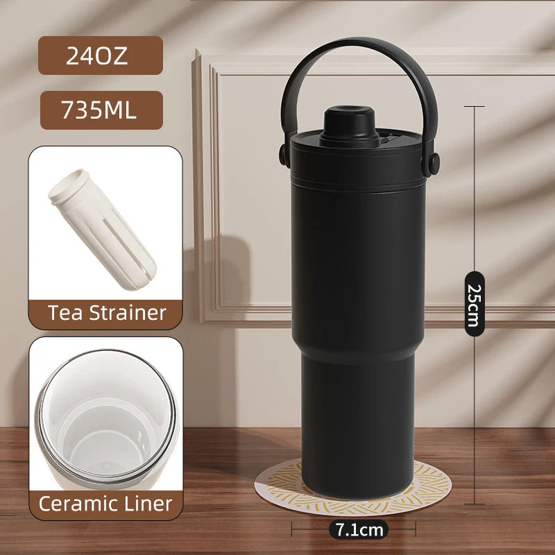 Ceramic Tumbler with Handle Thermal Mug Large 24OZ Straw Portable Cold Coffee Thermos Lined Insulated Vacuum Flask Travel Bottle