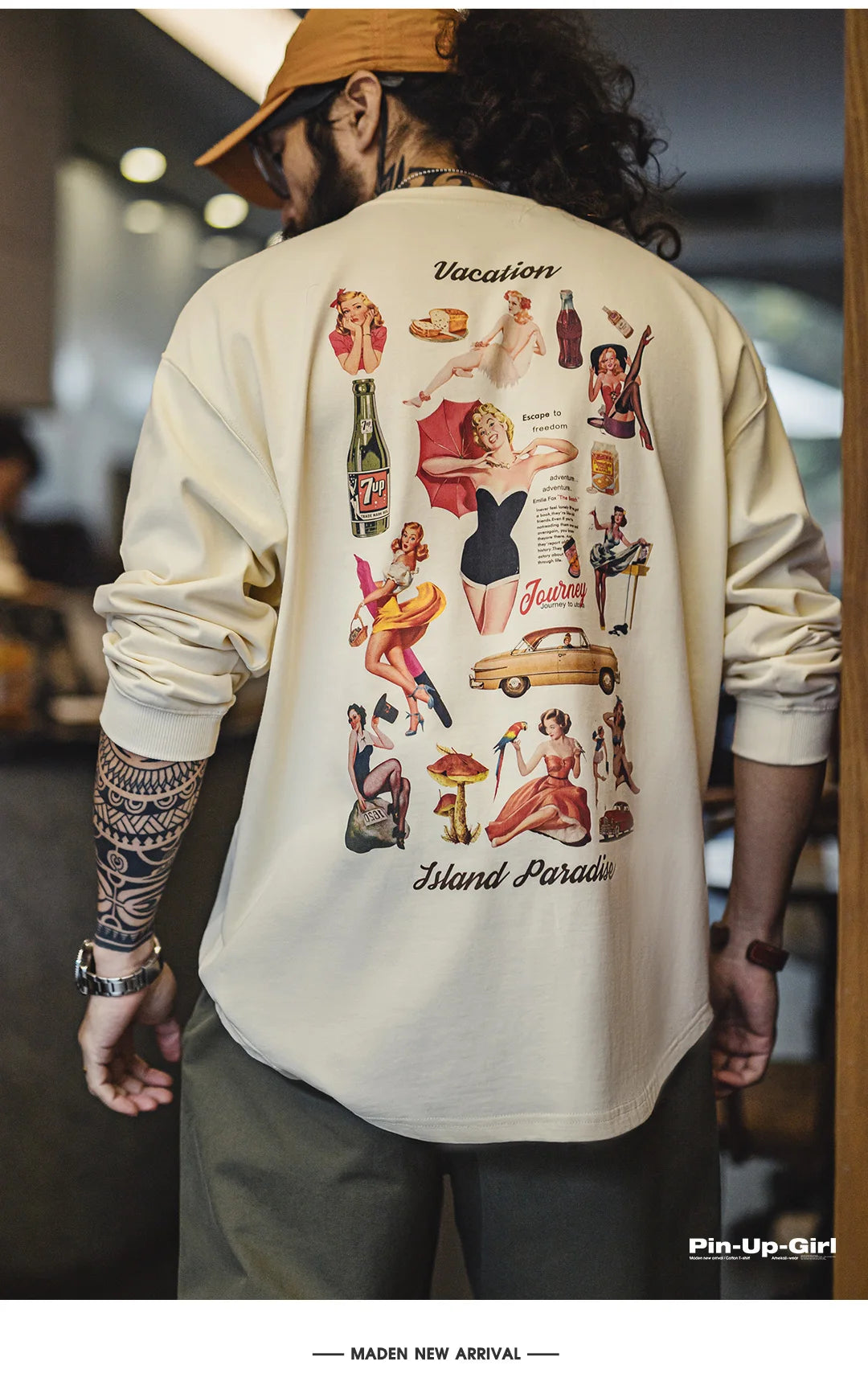 Maden Vintage Back-Printed Long-Sleeve T-Shirt Loose Casual Round-Neck Pullover for Men's Spring and Fall 60's Street-Style Tops
