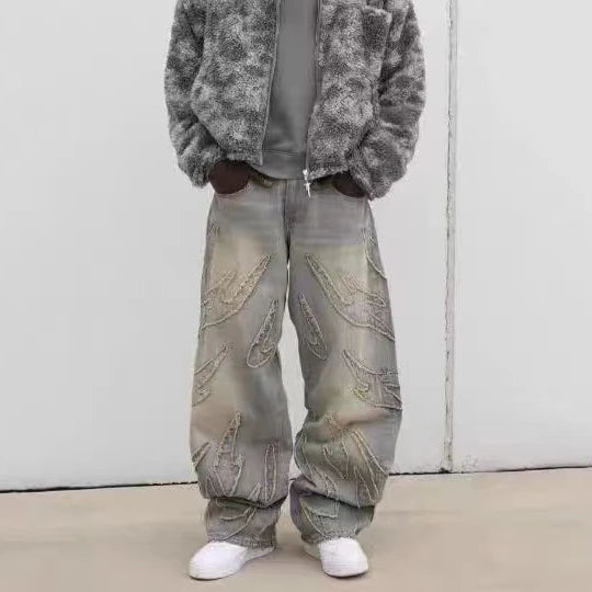 Men Denim Pants Jeans Spliced Wide Leg Pants Long Jean Patchwork Pockets Streetwear Mid Waist Washed Distressed Pant Vintage