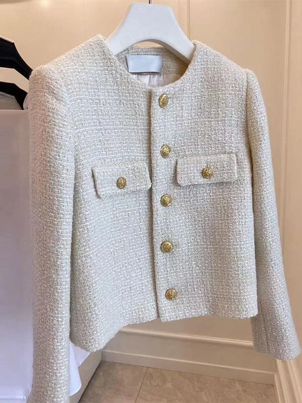French Wool Tweed Coat Fashion High-end Gold Button Short Slim Temperament Spring and Autumn Korean Coats Women Jacket New