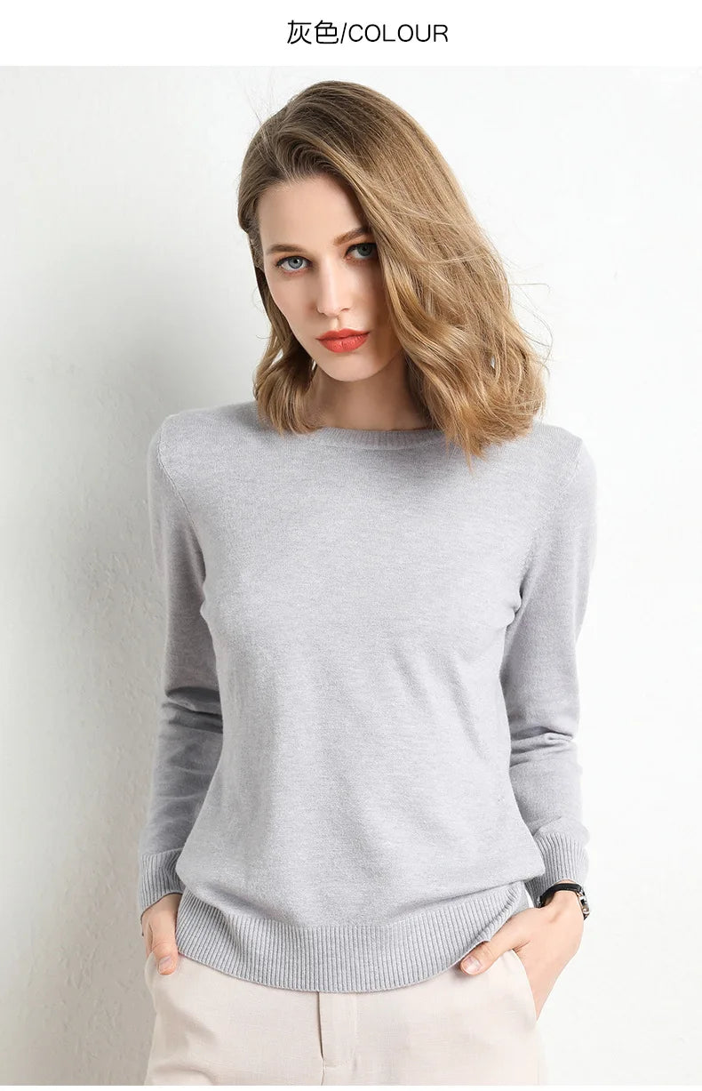 Women Slim O-Neck Solid Pullover Cashmere Wool Blending Sweater Autumn And Winter Long-Sleeved Knit Bottoming Shirt Large Size
