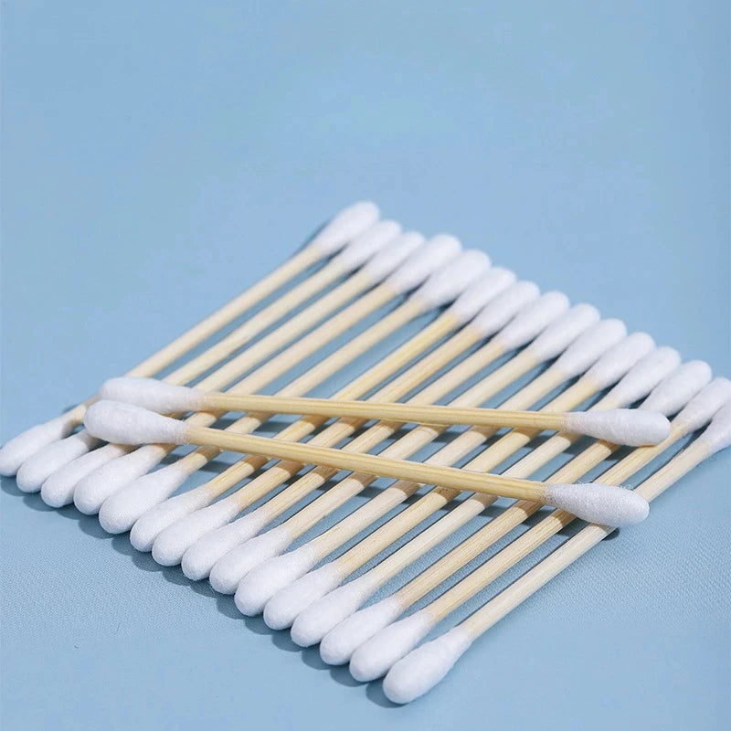 Cotton Swab Storage Box Double Head Wood Baby Cotton Swabs Transparent Square Bamboo Cover Cotton Buds Toothpick Organizer