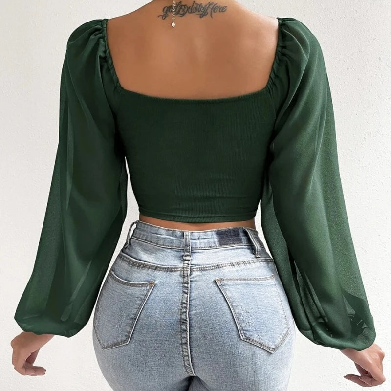 Woman Chiffon Knit Tshirts Long Puff Sleeve Sexy Close-Fitting T-shirt Spring Autumn V-neck New Fashion Solid Simple Tops Tees