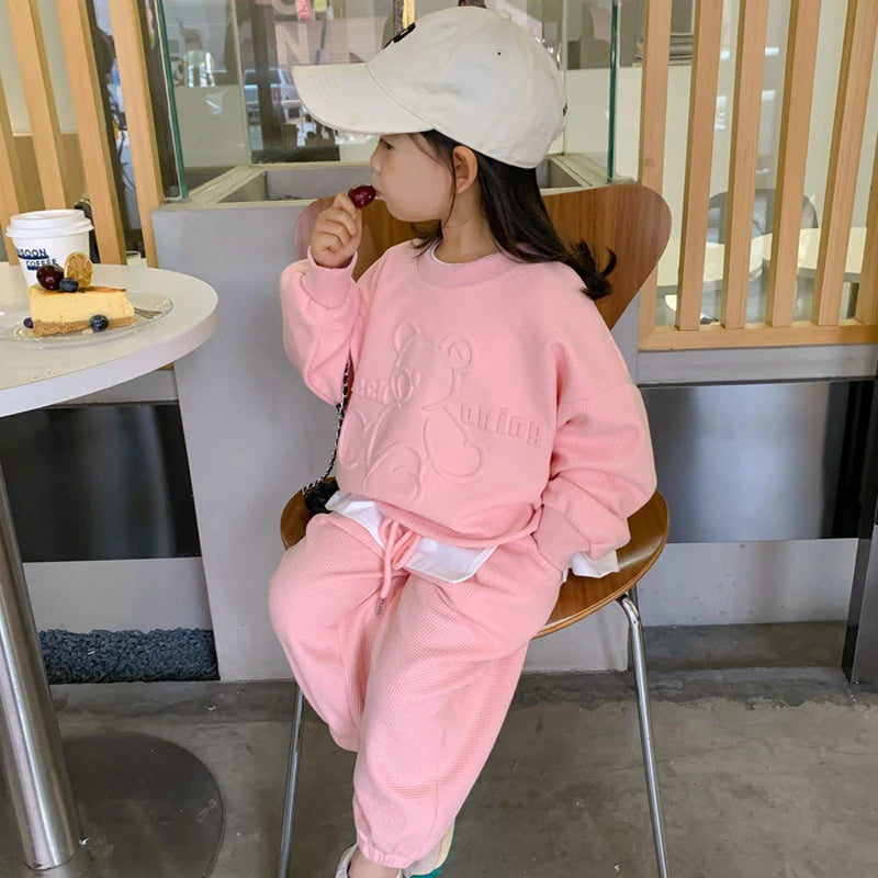 3-8 Years Girls Casual Clothing Set Spring Autumn New Cartoon Bear Print Long Sleeved Sweatershirt+Pants 2Pcs Sports Outfit