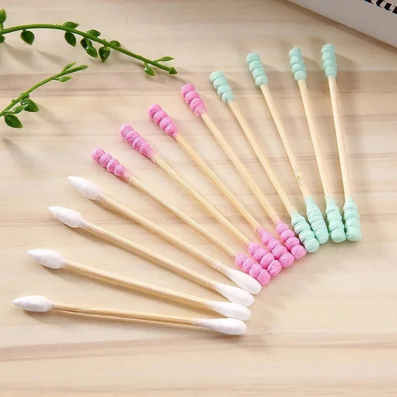 100Pcs Color Mix Double Head Bamboo Cotton Buds Adults Makeup Cotton Swab Eco Friendly Wood Sticks Nose Ears Cleaning Tools